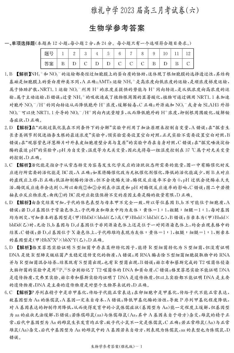 湖南省长沙市雅礼中学2022-2023学年高三下学期月考卷(六)生物答案第1页