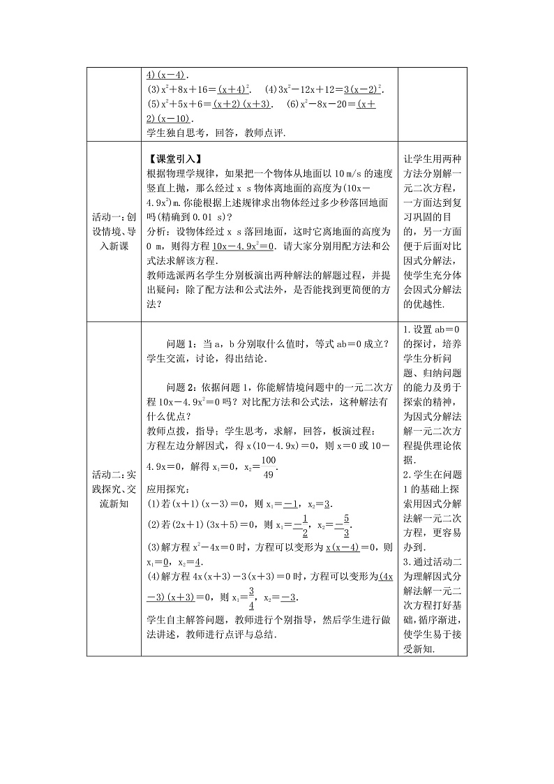 人教版初中数学九年级上册21.2.3《解一元二次方程——因式分解法》课件+教案+同步作业(含教学反思)02
