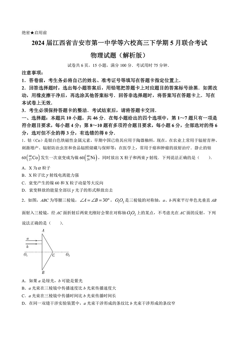 2024届江西省吉安市第一中学等六校高三下学期5月联合考试物理试题(解析版)第1页