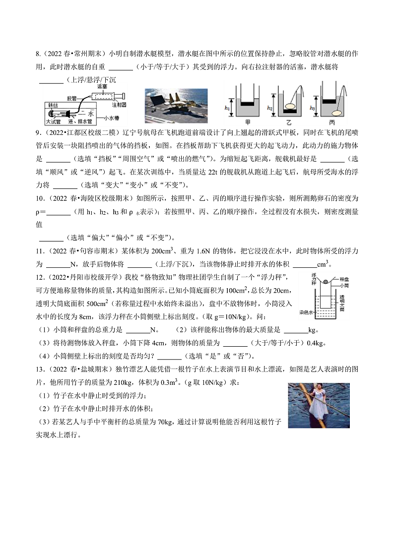 苏科版物理八年级下册 10.5物体的浮与沉(原卷版)第2页