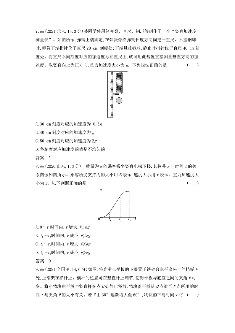 高考物理(山东专用)一轮复习专题三牛顿运动定律练习含答案第3页