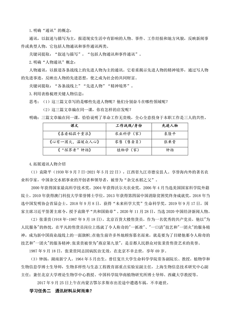 人教统编版高中语文必修上册4《喜看稻菽千重浪》《心有一团火,温暖众人心》《“探界者”钟杨》课件+教案+导学案+分层作业+素材02