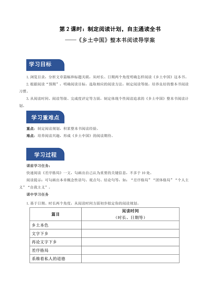 人教统编版高中语文必修上册《乡土中国》第2课时:制定阅读计划,自主通读全 课件+教案+导学案+分层作业01