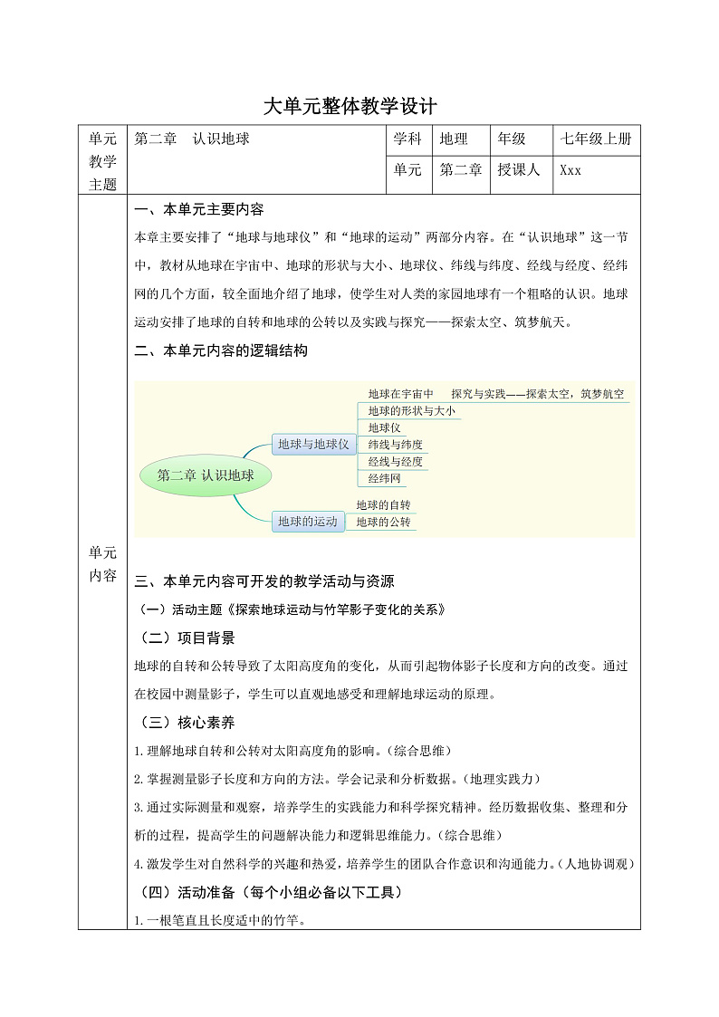 【新教材】湘教版地理七上第2章 认识地球 大单元整体教学设计01