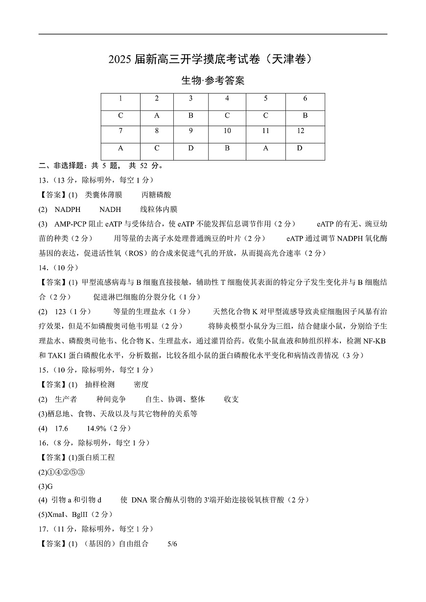 生物（天津卷）（參考答案）第1頁