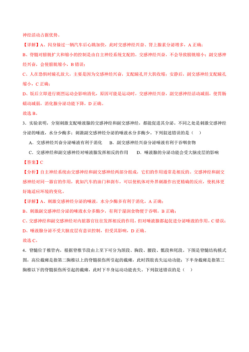 人教版高二生物选择性必修一 2.4 《神经系统的分级调节》分层练习(原卷+解析卷)02