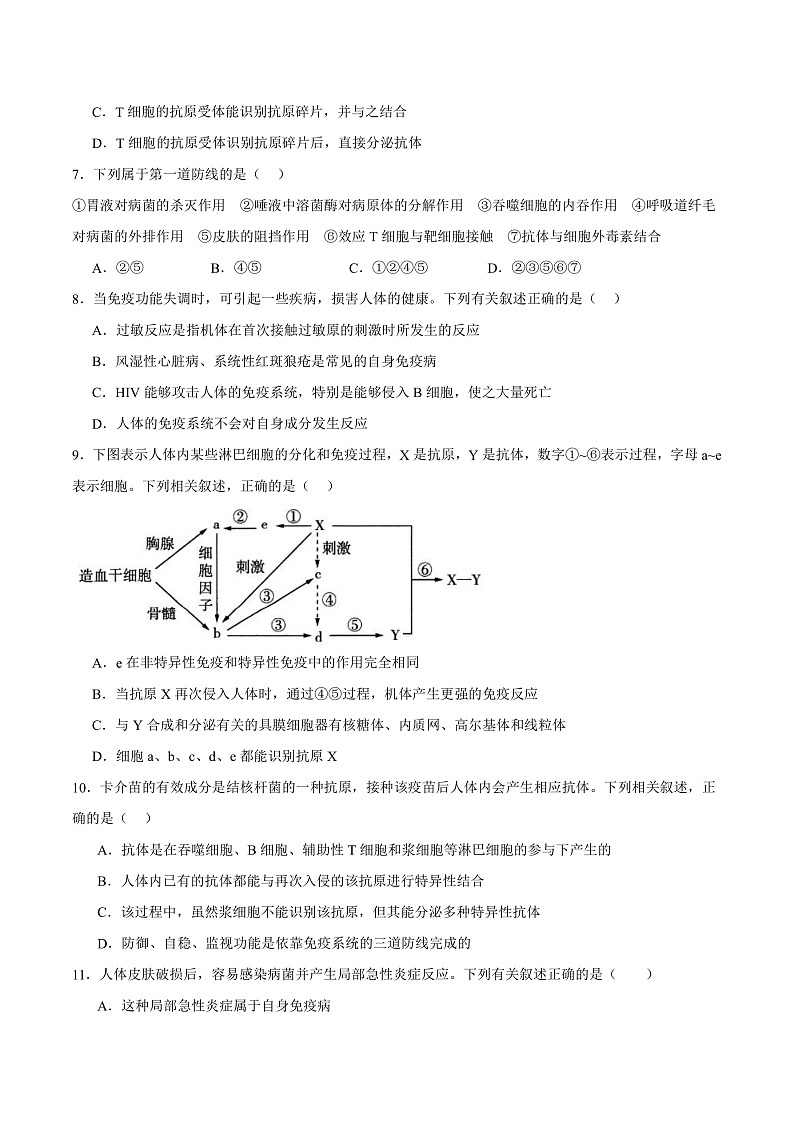 人教版高二生物选择性必修一 第4章 《免疫调节》分层练习(原卷版)第2页