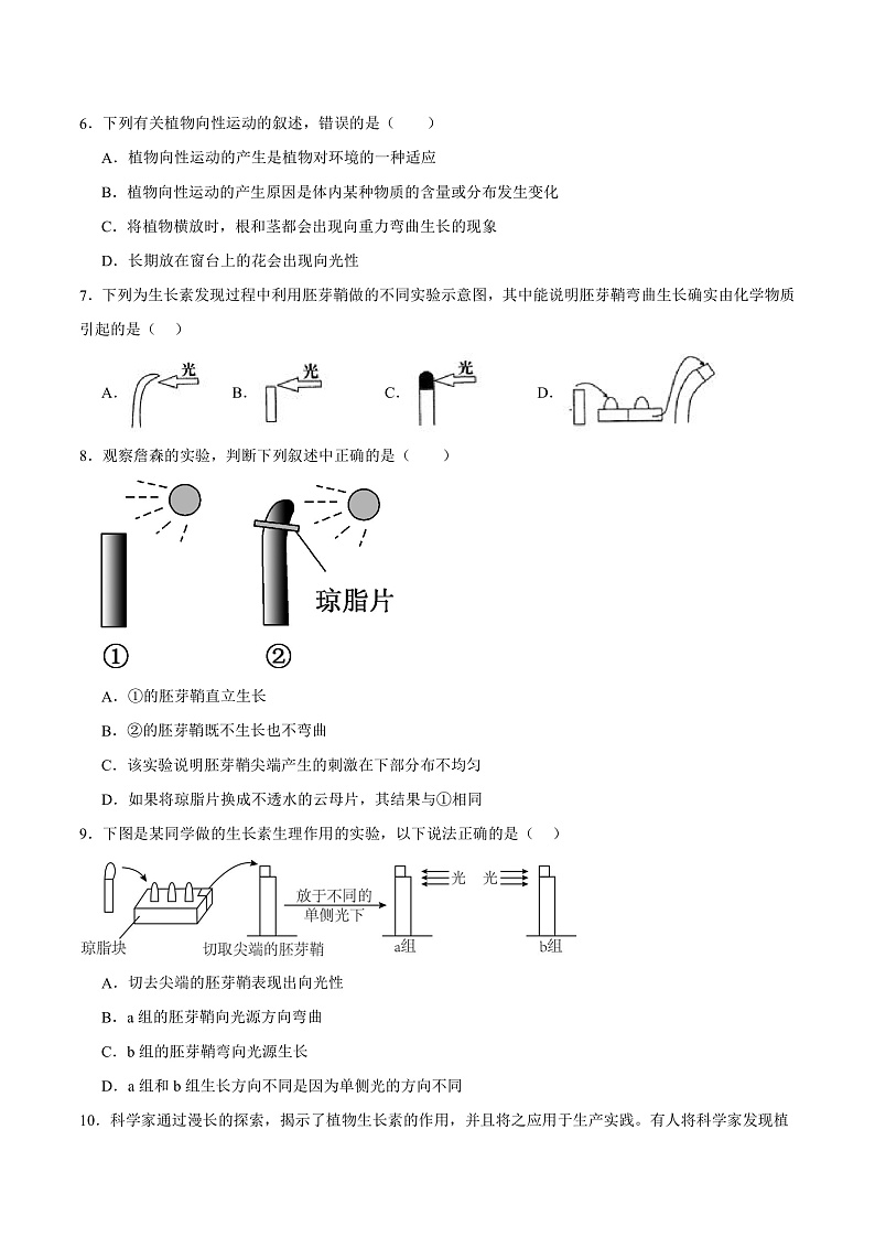 人教版高二生物选择性必修一 5.1.1 《生长素的发现过程》分层练习(原卷版)第2页