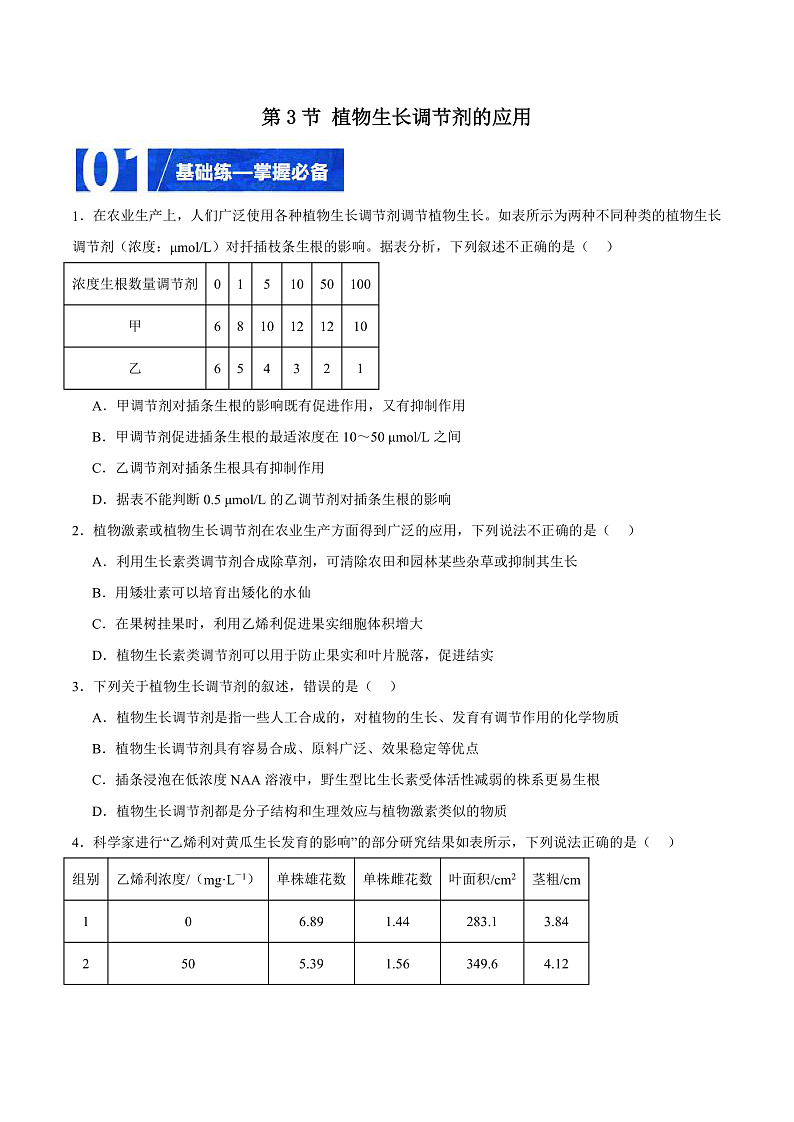 人教版高二生物选择性必修一 5.3 《植物生长调节剂的应用》分层练习(原卷+解析卷)01