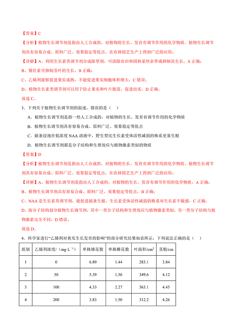 人教版高二生物选择性必修一 5.3 《植物生长调节剂的应用》分层练习(原卷+解析卷)02