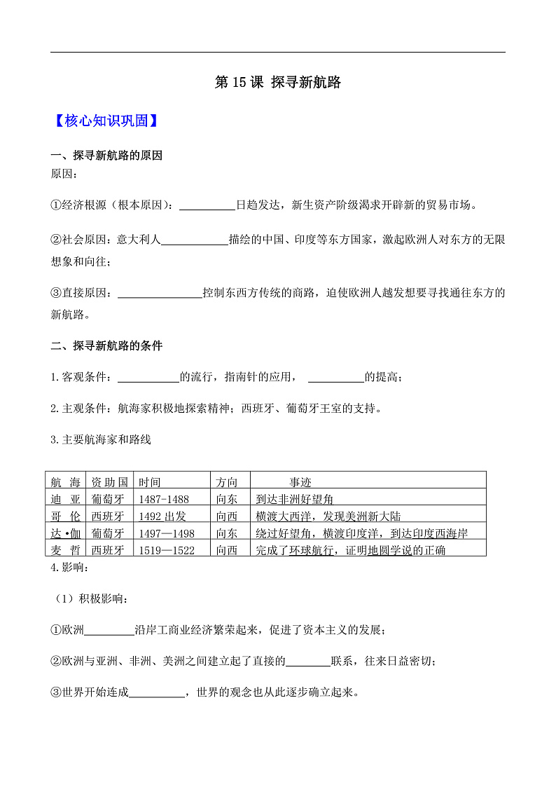 第15课 探寻新航路——九年级历史部版编版上册核心知识点(含答案)01