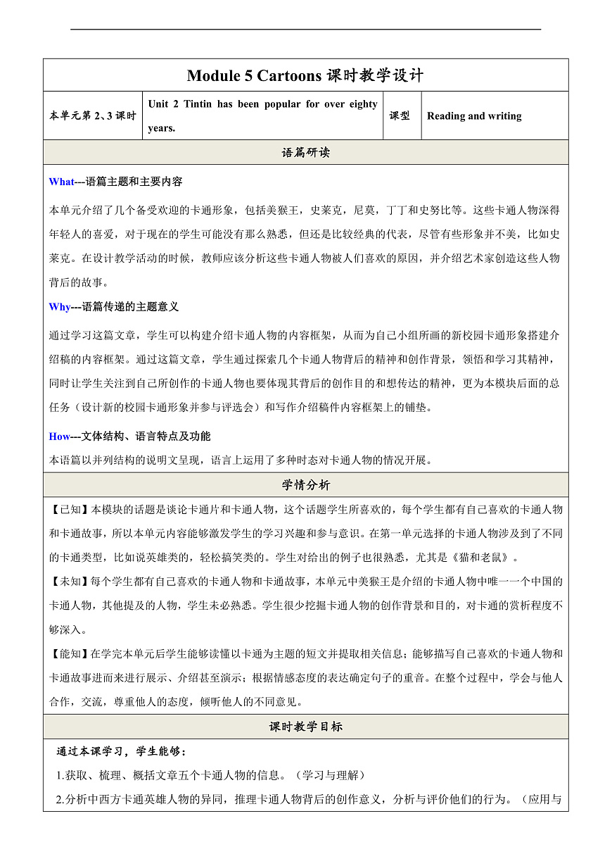 外研版英語(yǔ)八年級(jí)下冊(cè) Module 5 Unit 2《Tintin has been popular for over eighty years》教案第1頁(yè)
