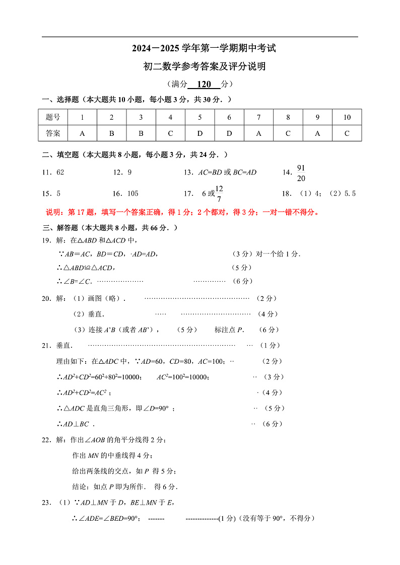 2024-2025 学年第一学期期中考试 初二数学 参考答案及评分标准第1页