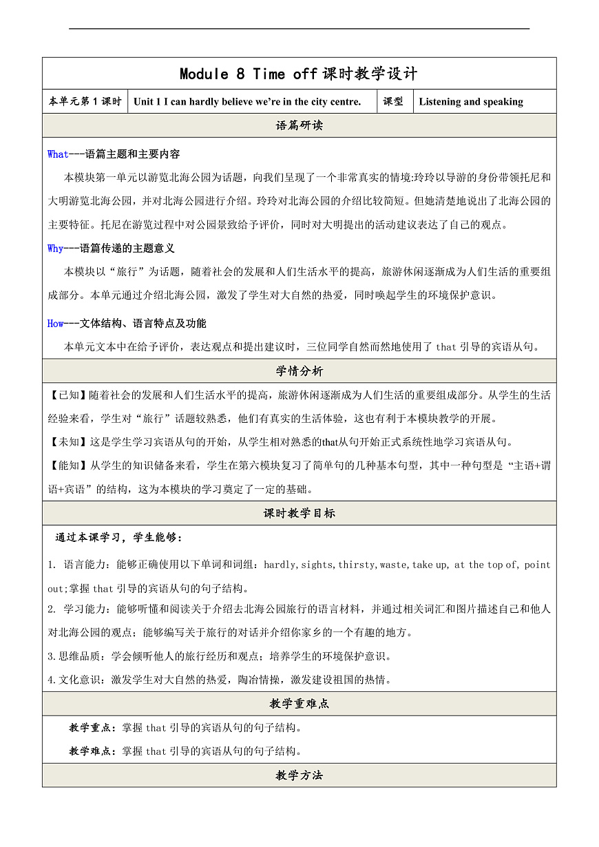 外研版英語(yǔ)八年級(jí)下冊(cè) Module 8 Unit 1《I can hardly believe we`re in the city centre》教案第1頁(yè)