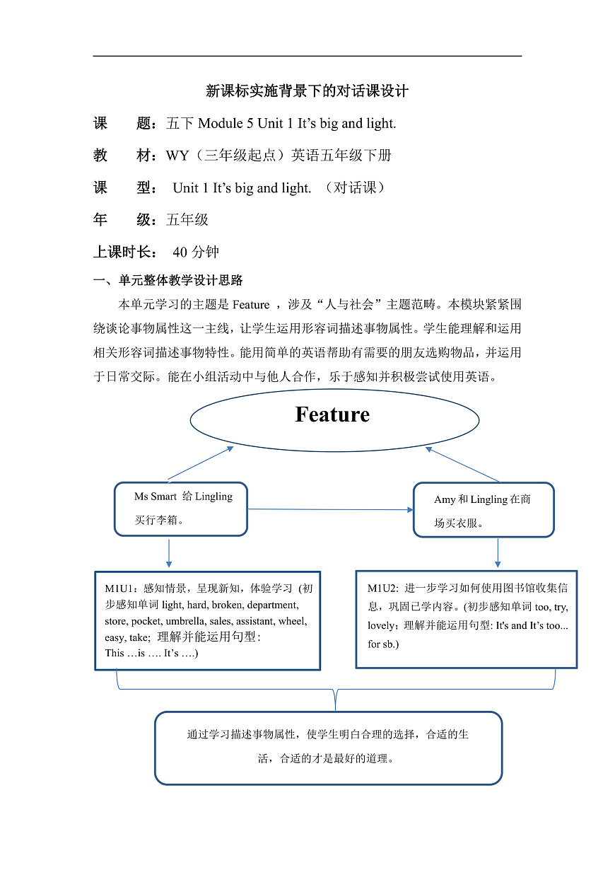 外研版（三起）英語五下 Module 5 Unit 1《It's big and light 》單元教案第1頁