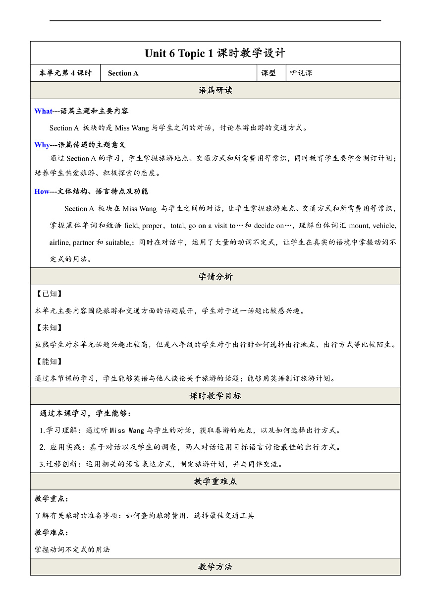 仁愛科普版英語八下 Unit 6 Topic 1 《Enjoy Cycling》Section A 教案第1頁