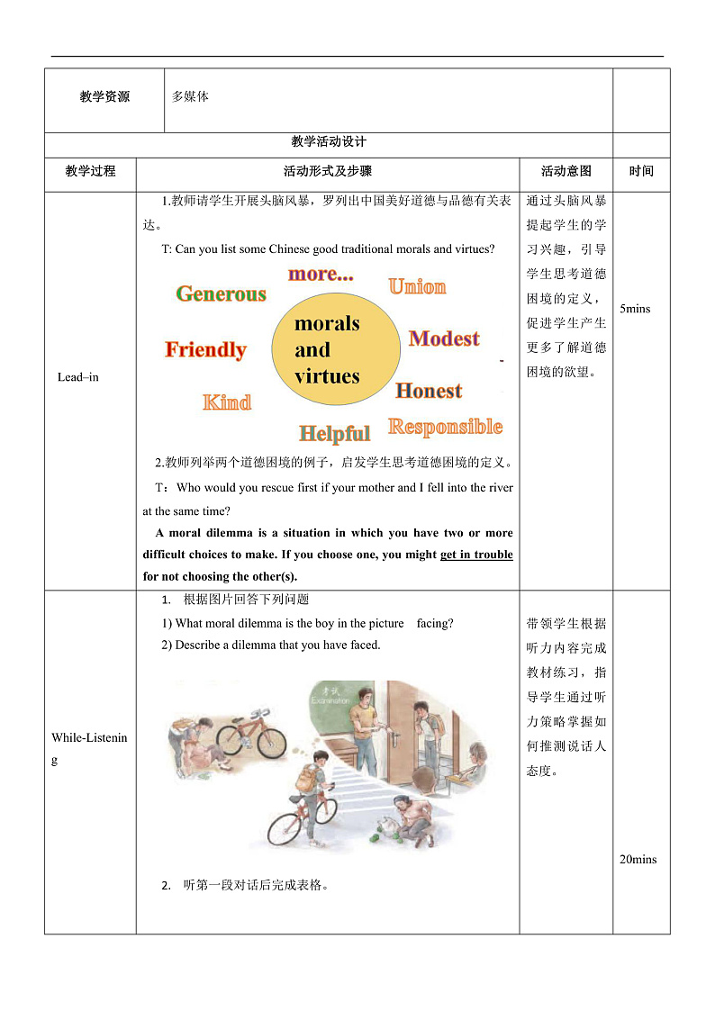 人教版(2019)高中英语必修第三册Unit 2《Morals and Virtues》Listening and Speaking 教案第2页