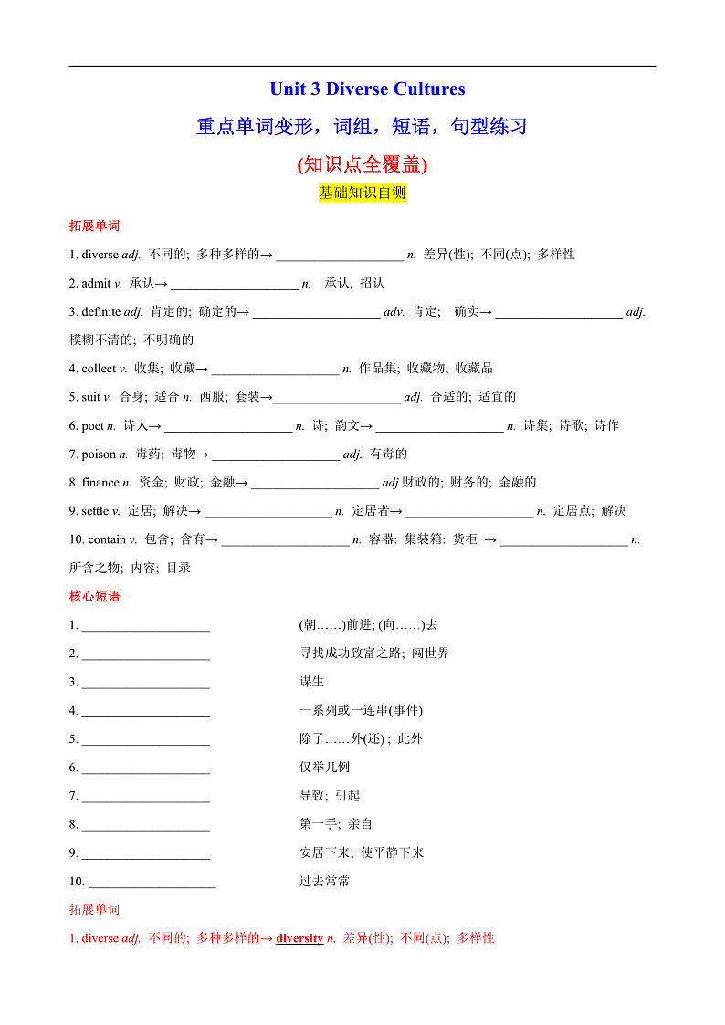 人教版(2019)高中英语必修第三册Unit 3《Diverse Cultures 》重点单词,短语,句型,语法专项训练 (解析卷)第1页