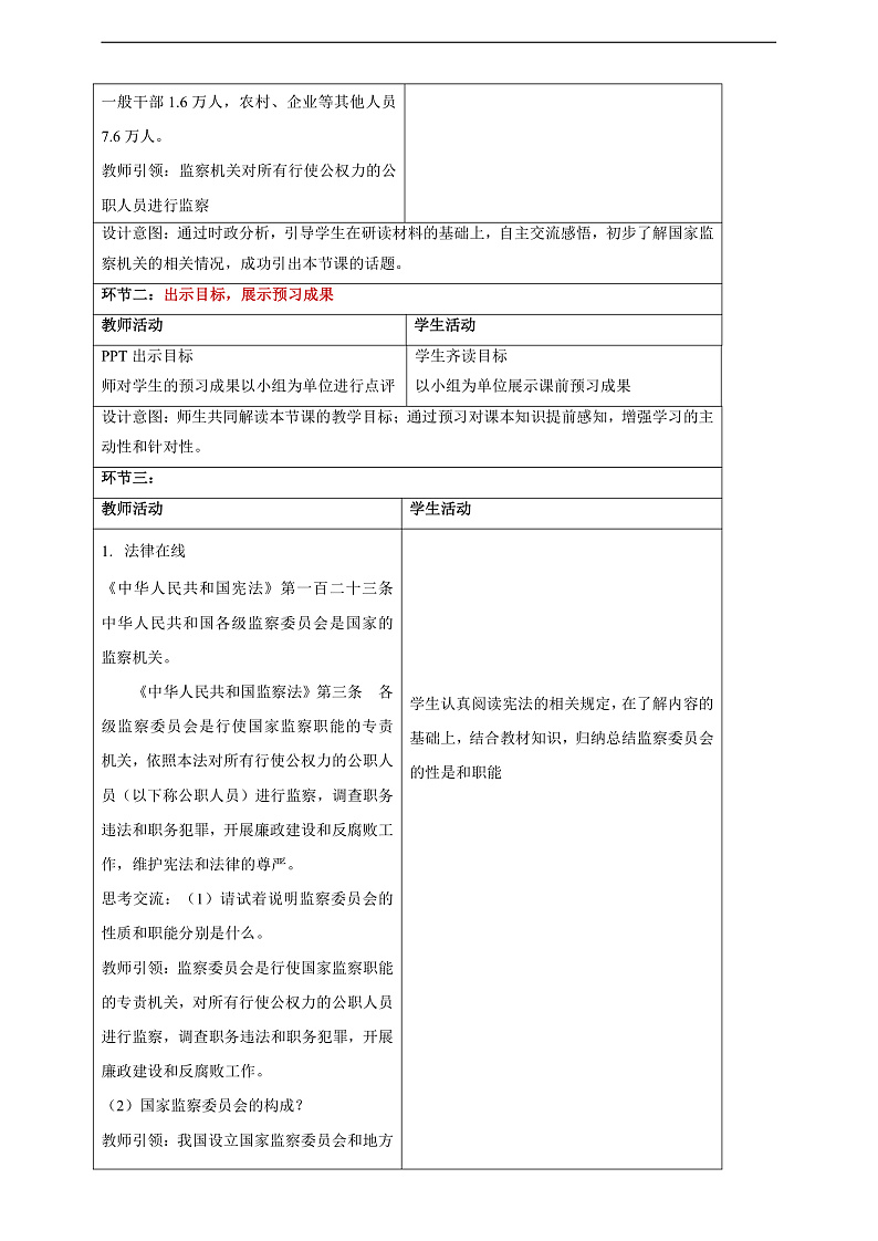 【大单元整体教学】6.4 国家监察机关 教学设计(表格式)人教版八年级道德与法治 下册第2页
