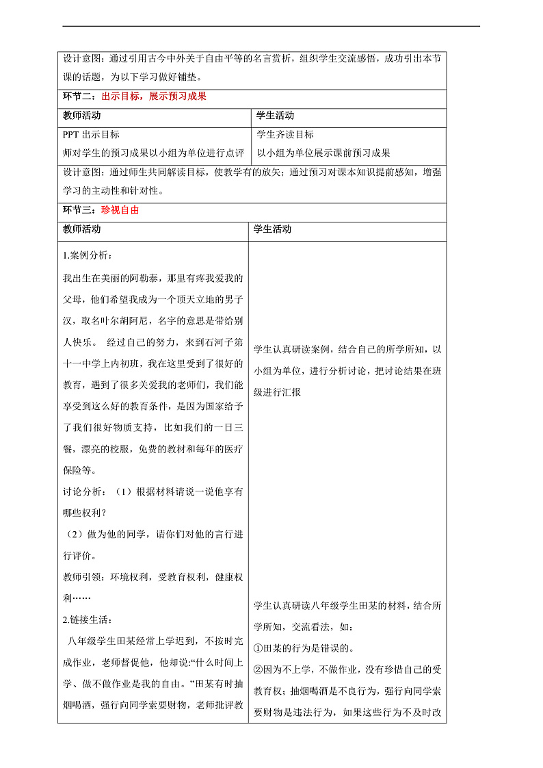 【大单元整体教学】7.2 自由平等的追求 教学设计(表格式)人教版八年级道德与法治 下册第2页