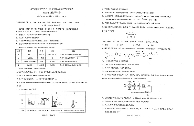 辽宁省实验中学2024-2025学年高三上学期期中考试 化学 PDF版含答案第1页