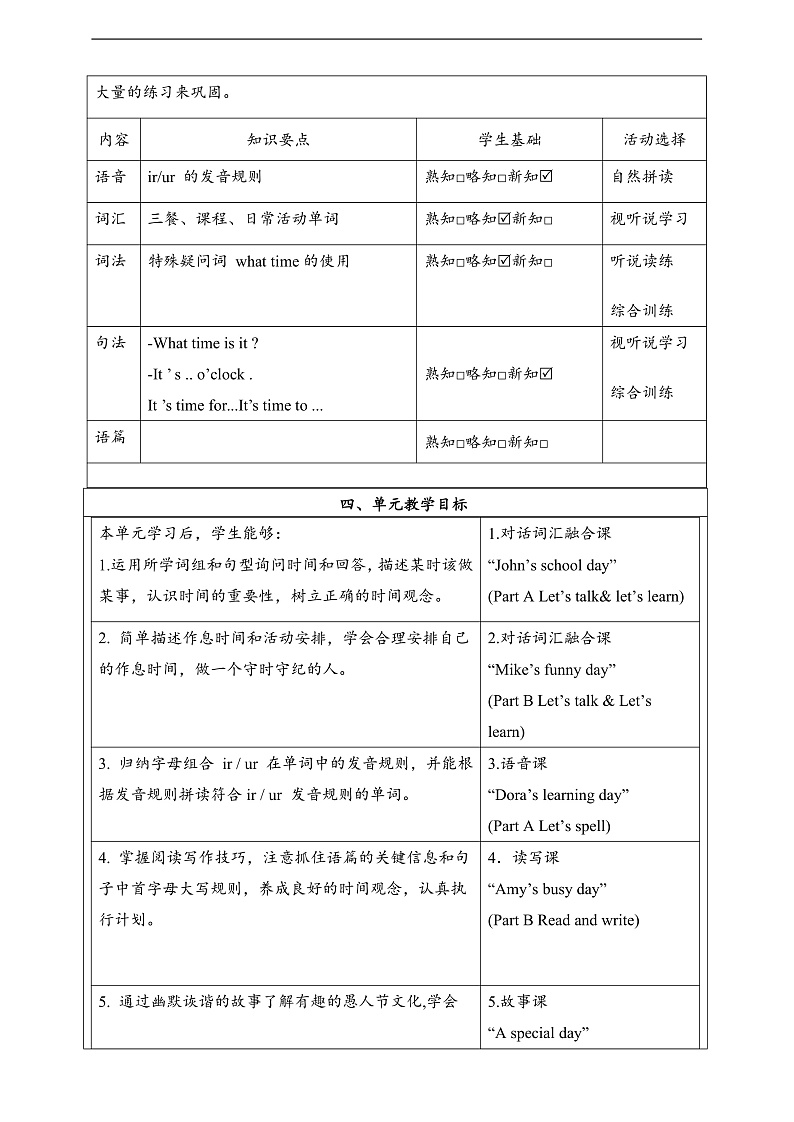 人教PEP英语四下 Unit2 What time is it A let's learn 单元教案第3页