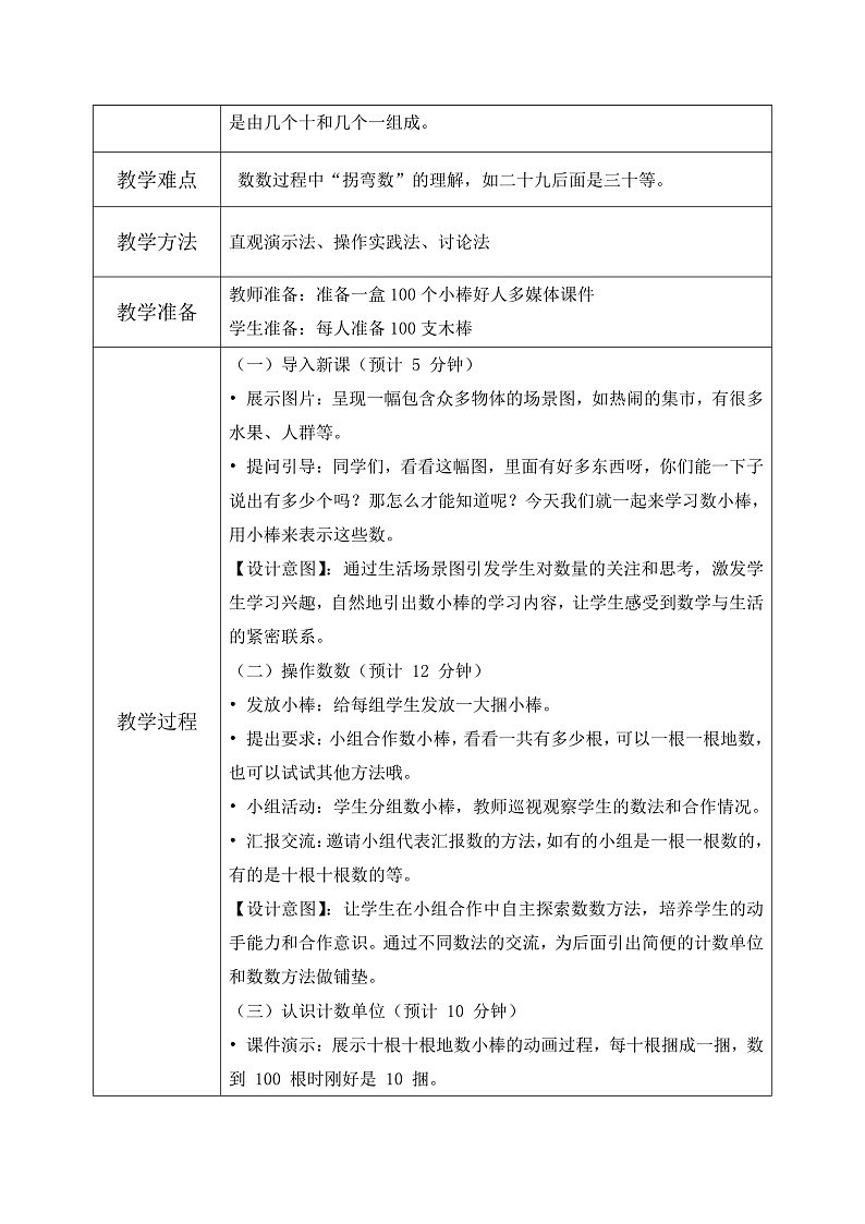 西师大版一年级下册 数学第三单元1《100 以内数的认识-数小棒》教学设计第2页