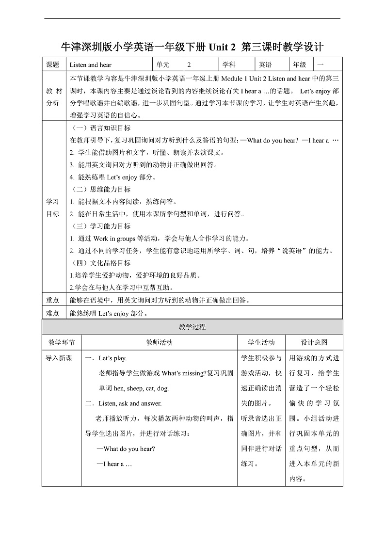 沪教牛津版(六三制一起)英语一下 Unit 2《Listen and hear》Let's act Let's enjoy 教案第1页