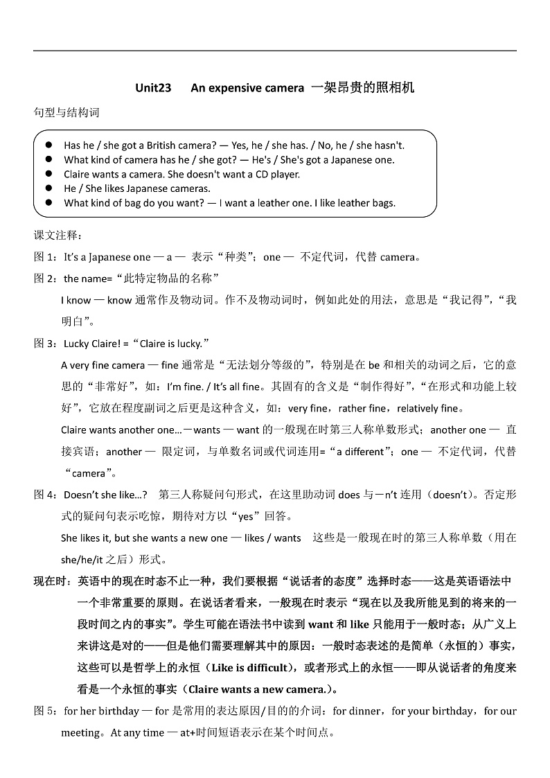 新概念英语(青少版)英语1B Unit 23 《An expensive camera》 教案第1页
