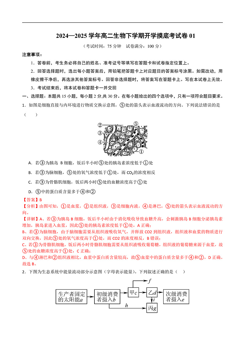 高二生物开学摸底考(人教版2019)01(全解全析)第1页