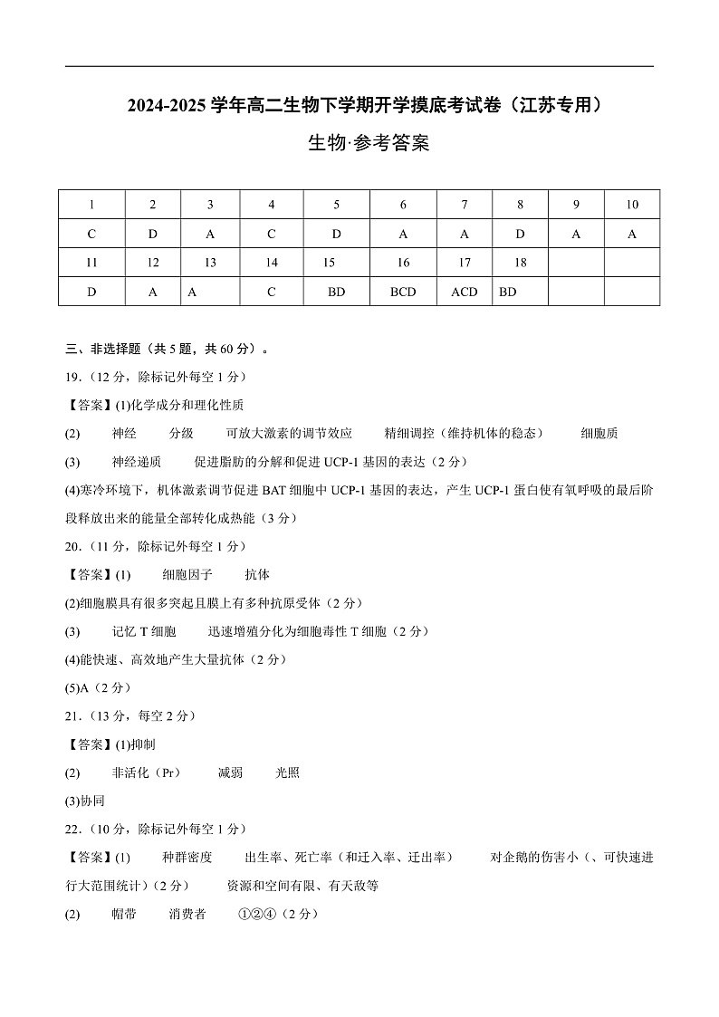 高二生物开学摸底考(江苏专用)(参考答案)第1页