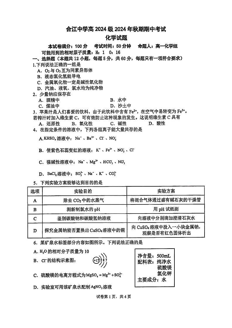四川省泸州市合江县中学校2024-2025学年高一上学期期中考试化学试题(原卷)第1页