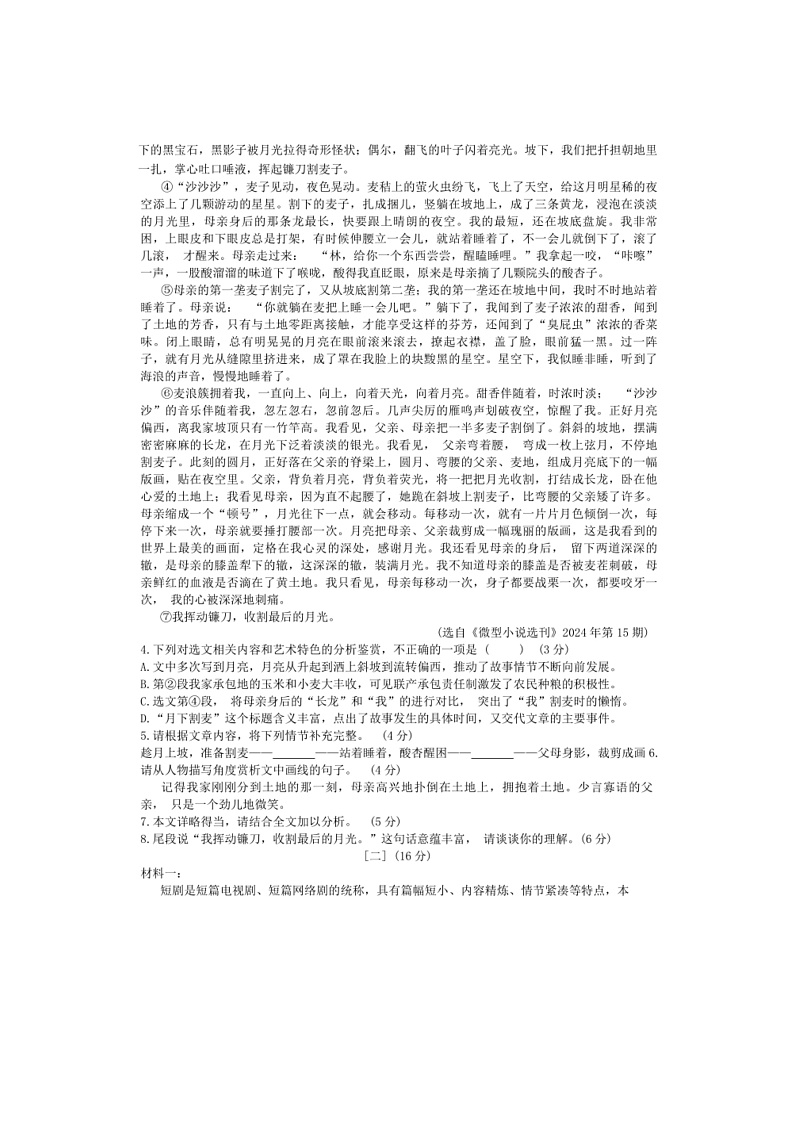 2024~2025学年安徽省合肥市九年级上期末语文试卷(含答案)第3页