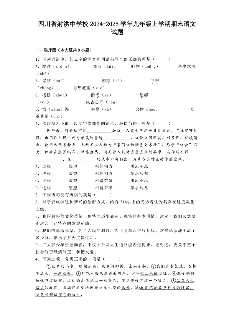 四川省射洪中学校2024-2025学年九年级上学期期末语文试题第1页