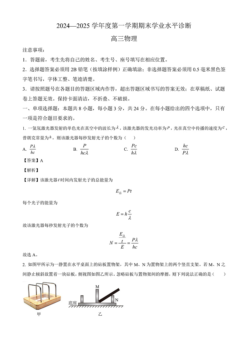 山东省烟台市2024-2025学年高三上学期期末 物理试题(含解析)第1页