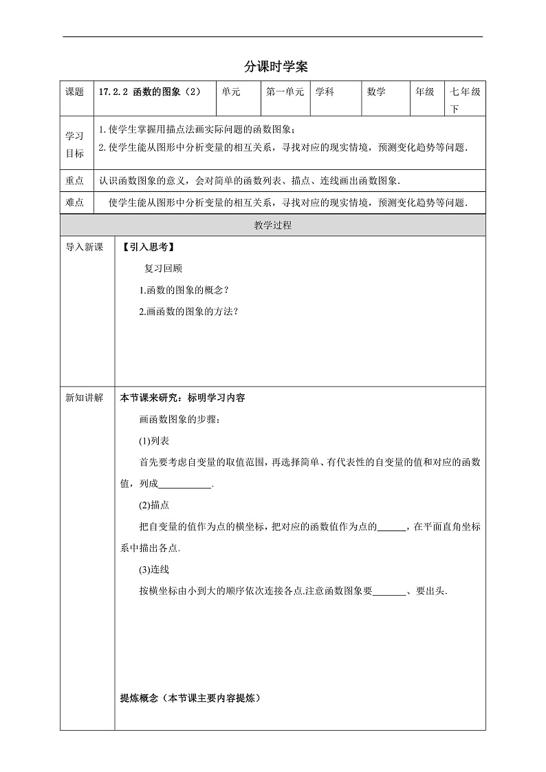 华师大版数学八年级下册17.2.2 《函数的图象(2)》学案第1页