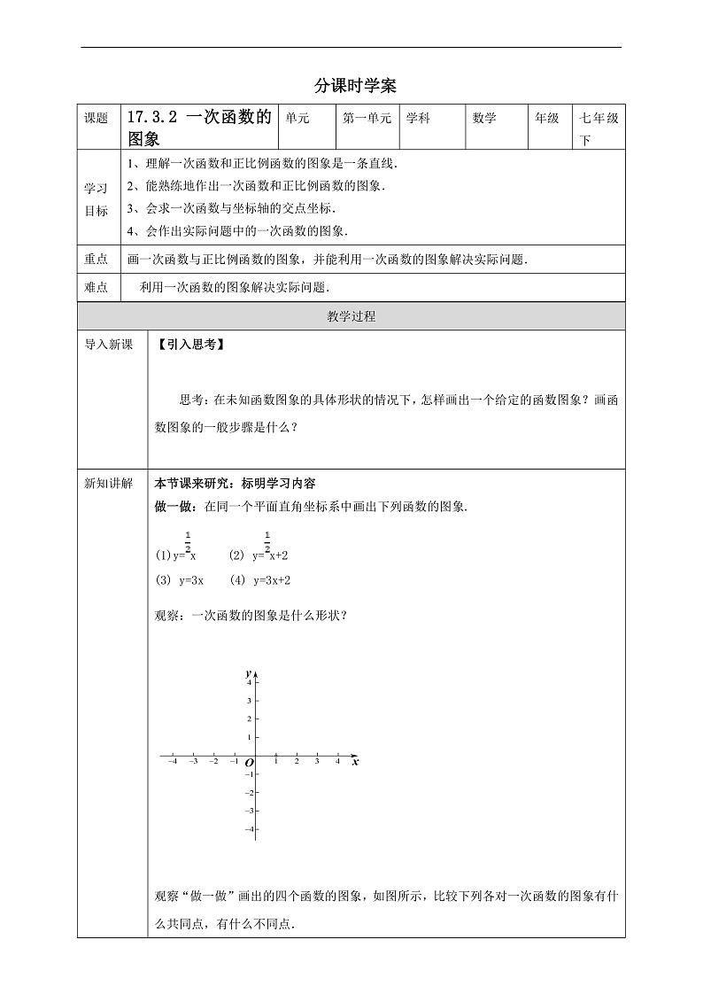 华师大版数学八年级下册17.3.2《 一次函数的图象》学案第1页