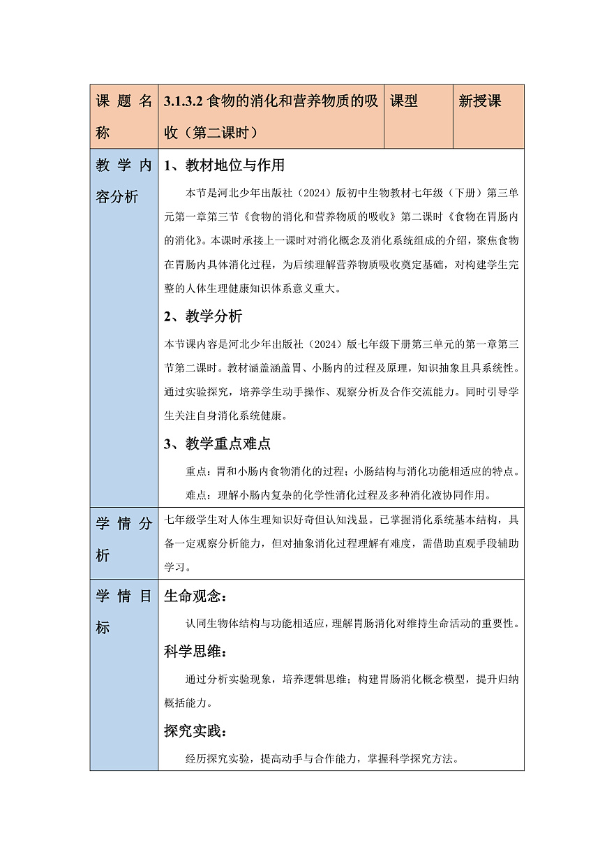 【核心素養(yǎng)】冀少版生物七下3.1.3.2食物在胃腸內(nèi)的消化 教案第1頁