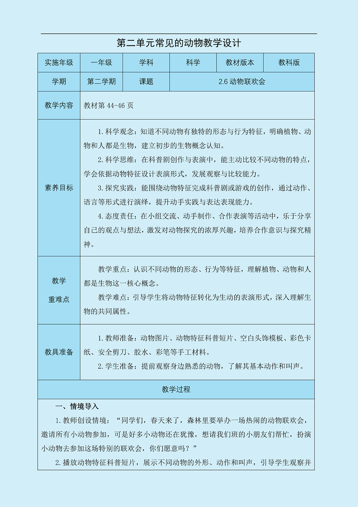 一年级下册科学2.6动物联欢会 教学设计 教科版(2024)第1页