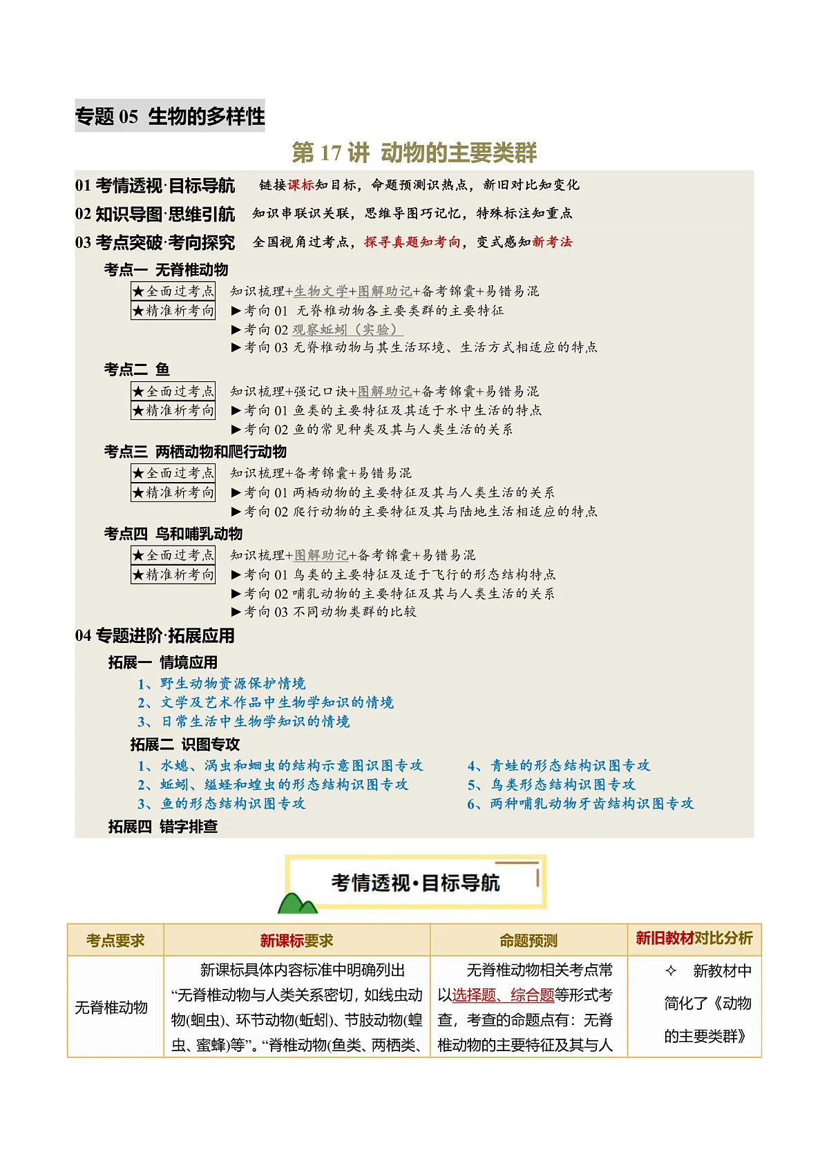 中考生物一轮复习 第17讲 动物的主要类群(精研讲义)(原卷版)第1页