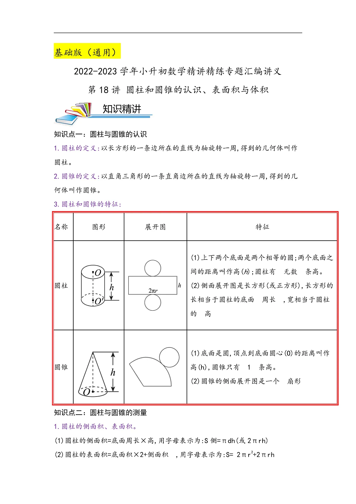小升初数学专项复习讲练测(通用版)第18讲圆柱和圆锥的认识、表面积与体积(原卷版+解析)第1页