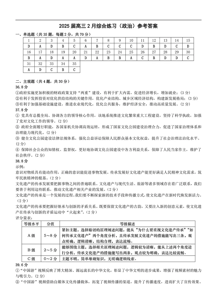 江苏省锡山高级中学2024-2025学年高三下学期2月综合练习政治答案第1页
