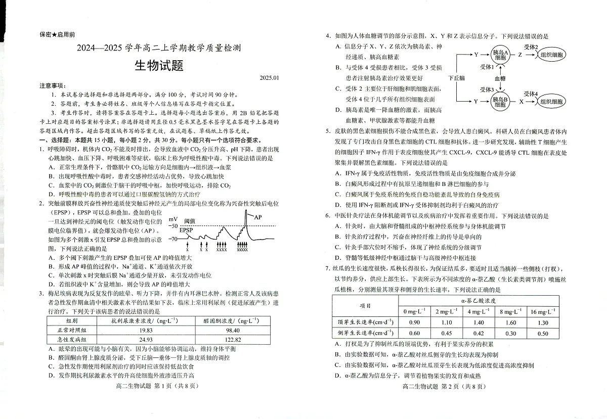 山东省菏泽市2024-2025学年高二上学期1月期末生物试题第1页