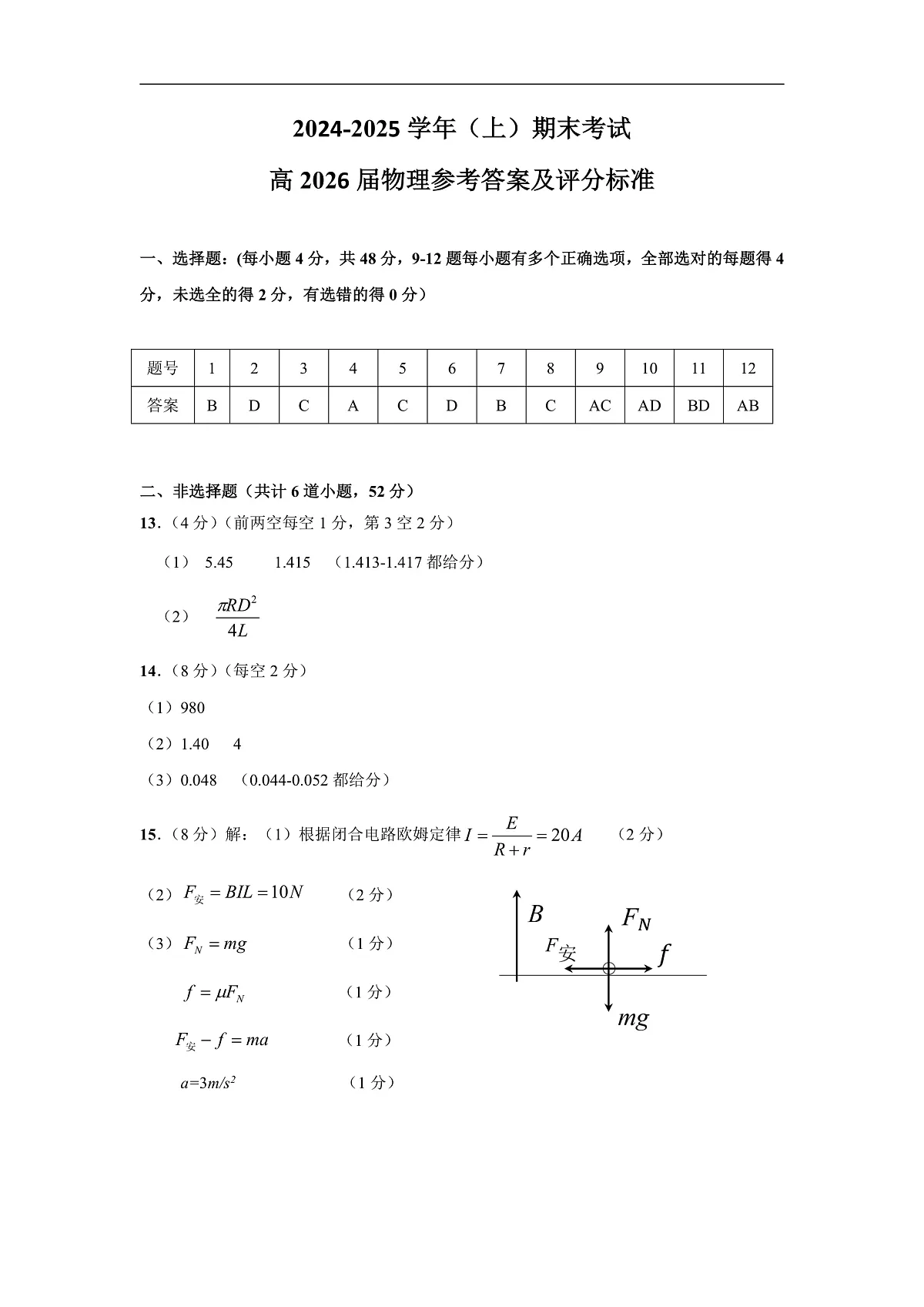 高二物理参考答案及评分标准第1页