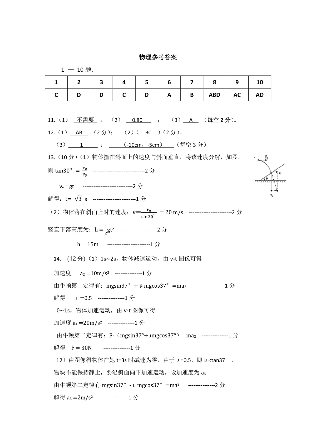 高一下期入学考试物理参考答案第1页