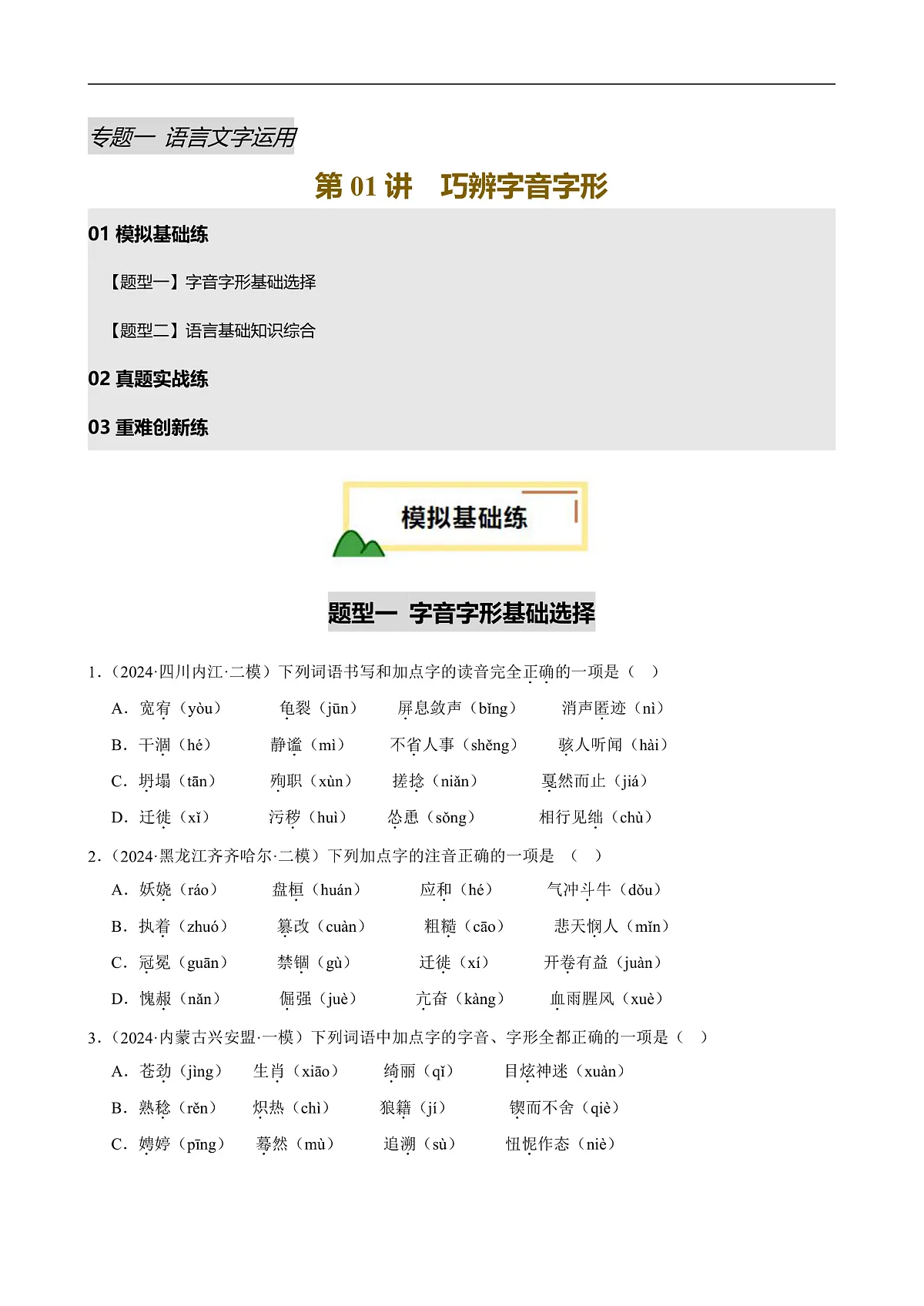 2025年中考语文一轮复习语言文字运用 第01讲 巧辨字音字形(练习)(原卷版)第1页
