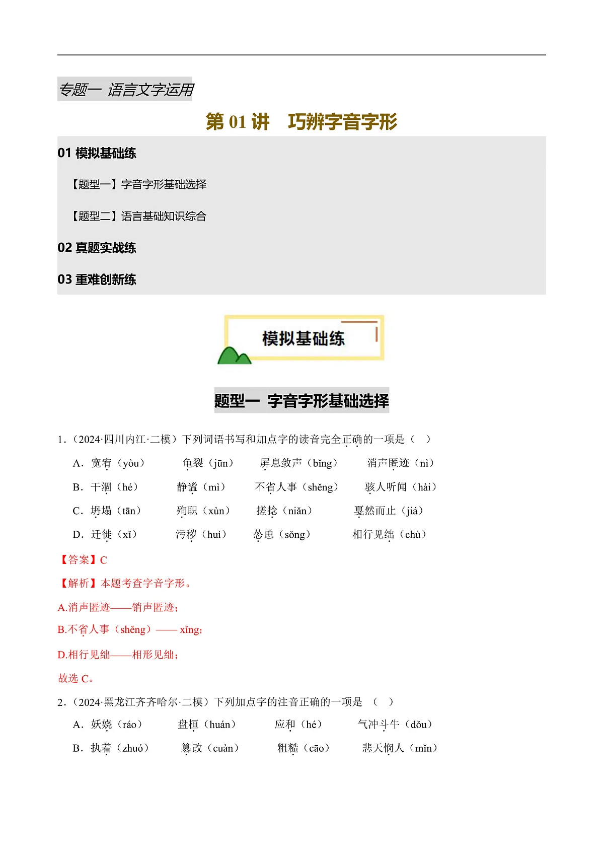2025年中考语文一轮复习语言文字运用 第01讲 巧辨字音字形(练习)(解析版)第1页