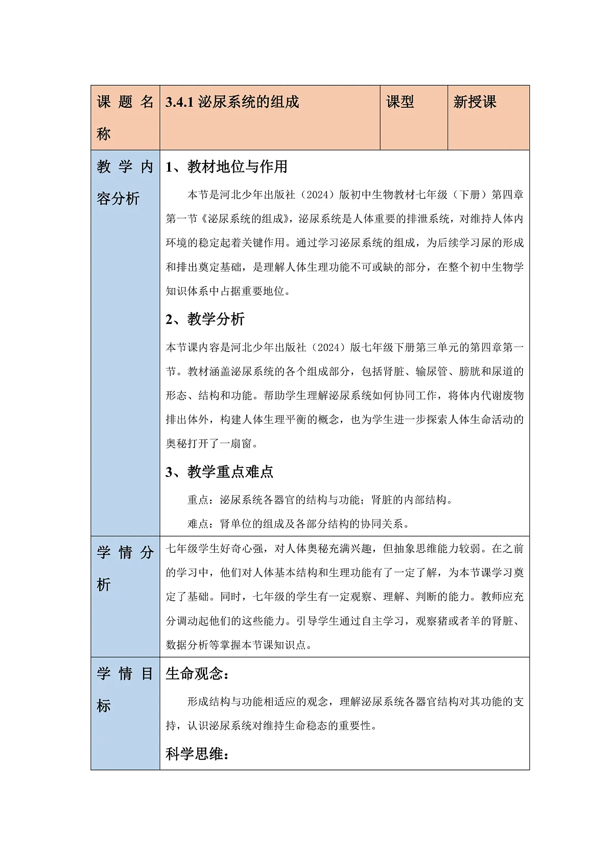 【核心素养】冀少版生物七下3.4.1泌尿系统的组成 教学设计第1页