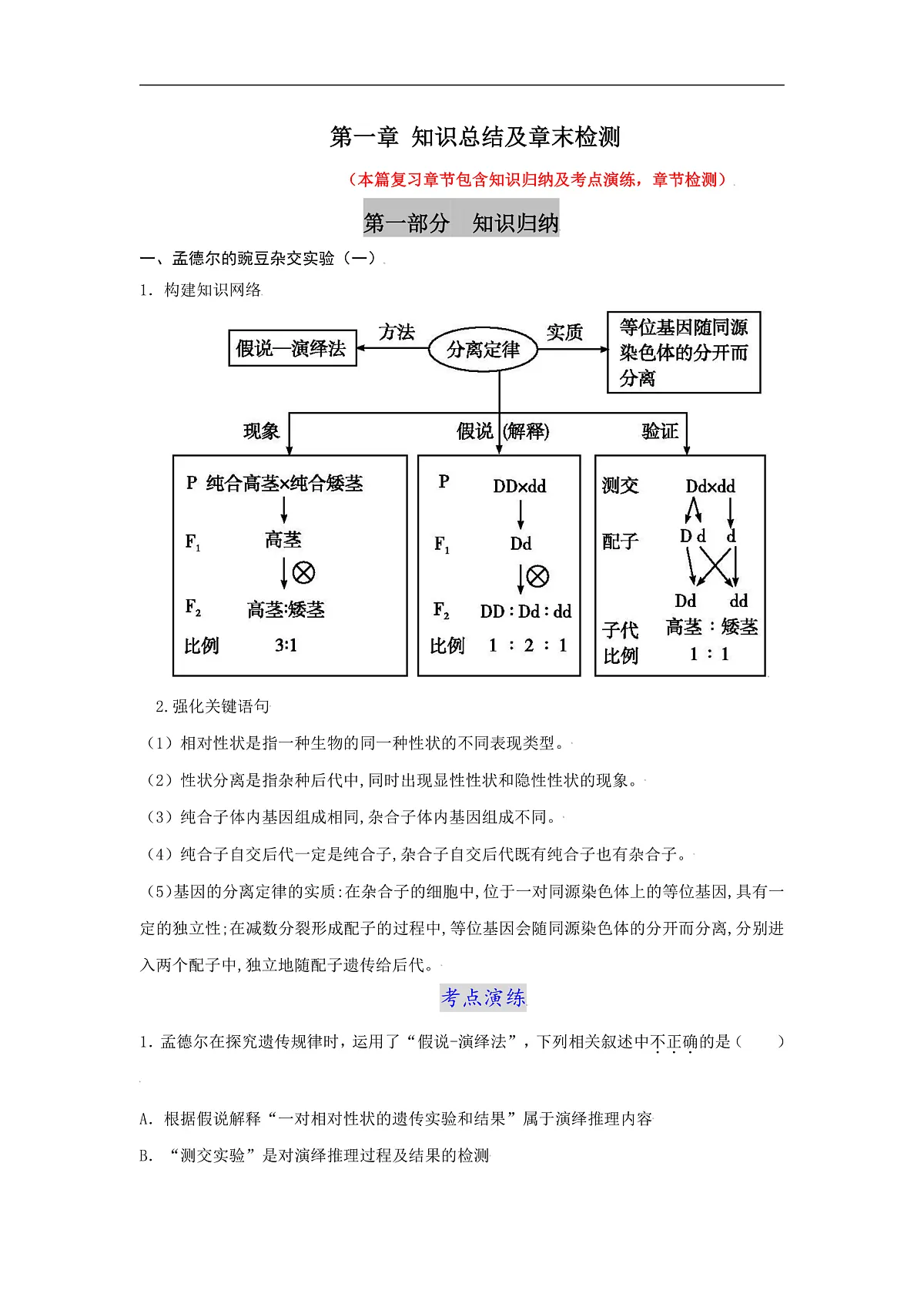 人教版高中生物必修2 第一章遗传因子的发现 知识总结及章末检测 含答案第1页