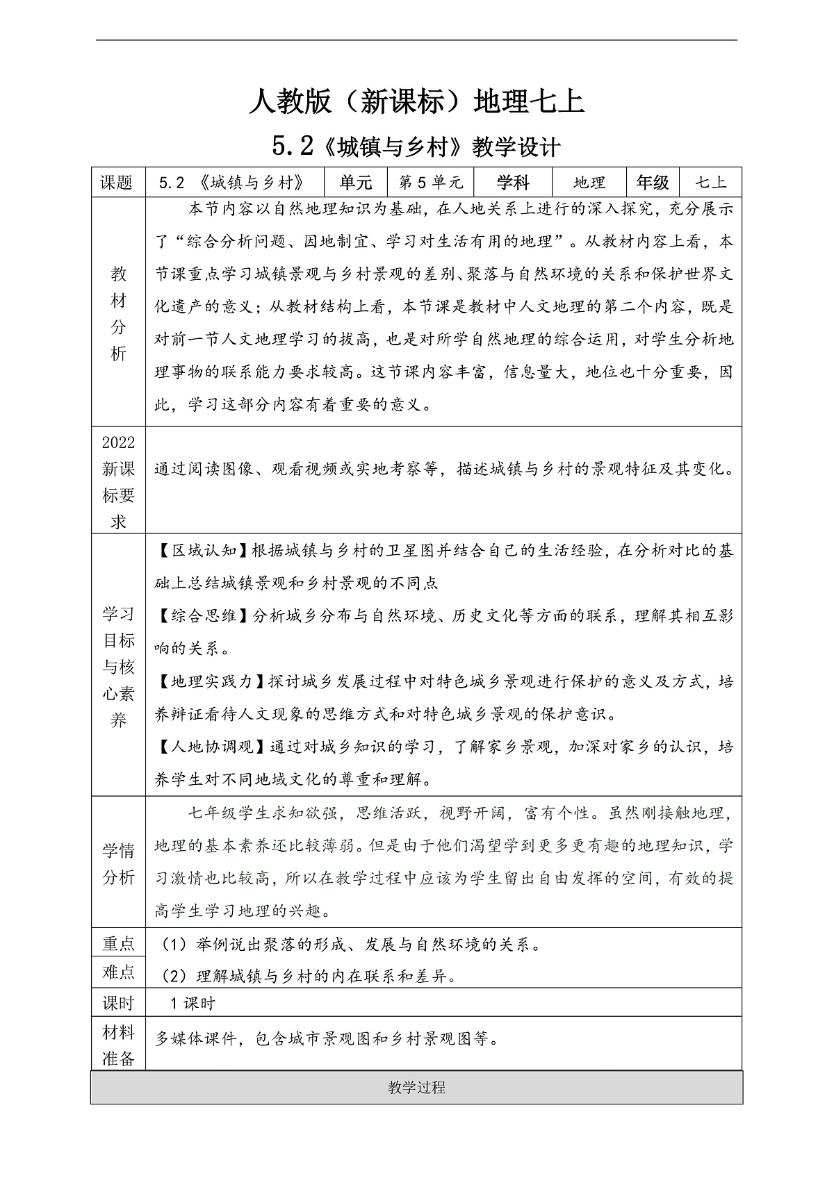 人教版(新课标)地理七上5.2《 城镇与乡村》教学设计(表格式)第1页